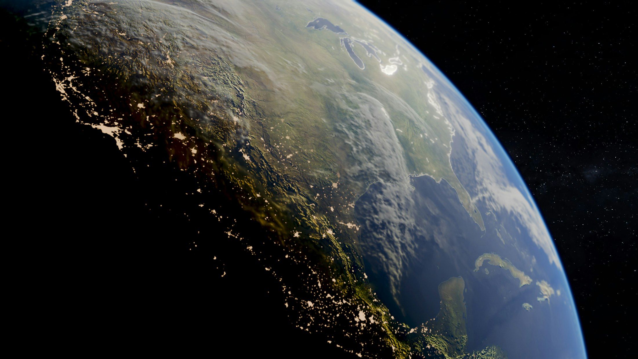 The Earth from space at night, with city lights across the continents