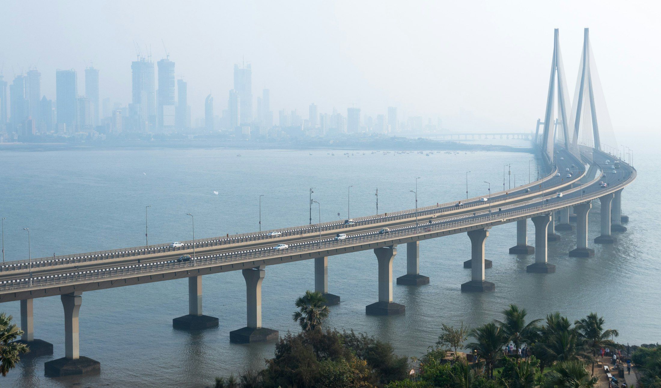 The Bandra-Worli Sea Link, a cable-stayed bridge, leading towards the Mumbai skyline