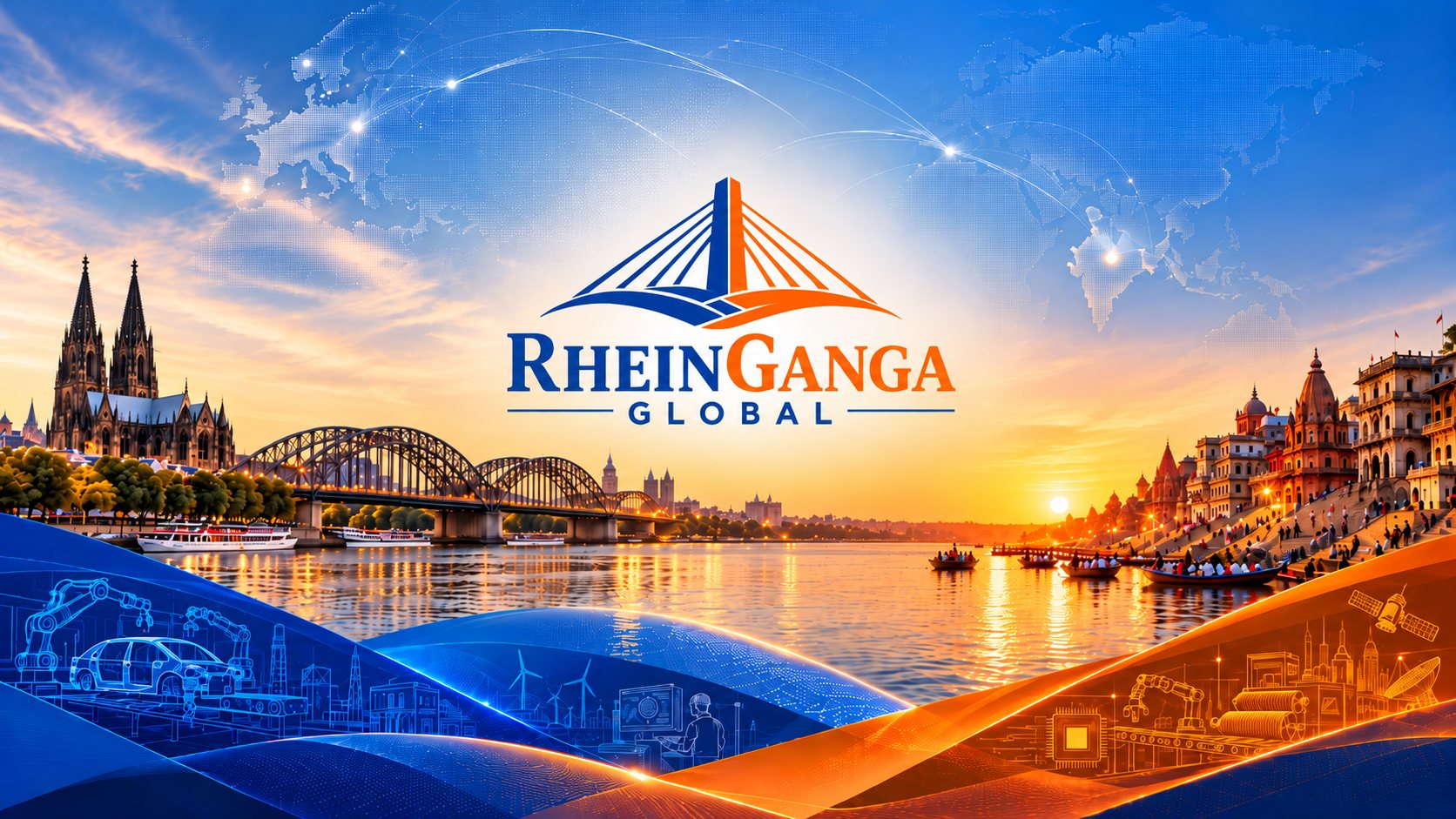 RheinGanga Global key visual: the Rhine at Cologne and the Ganga at Varanasi joined by the RheinGanga bridge logo, with industry and technology motifs from Europe and India