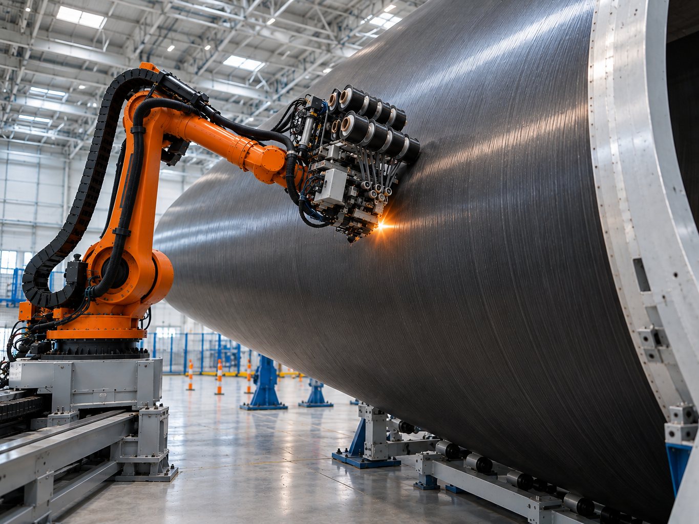An orange industrial robot with a fibre placement head lays carbon-fibre tape onto a large composite shell in a bright production hall